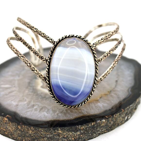 Sterling Silver Blue Agate Chevron Cuff Bracelet. - Picture 2 of 8